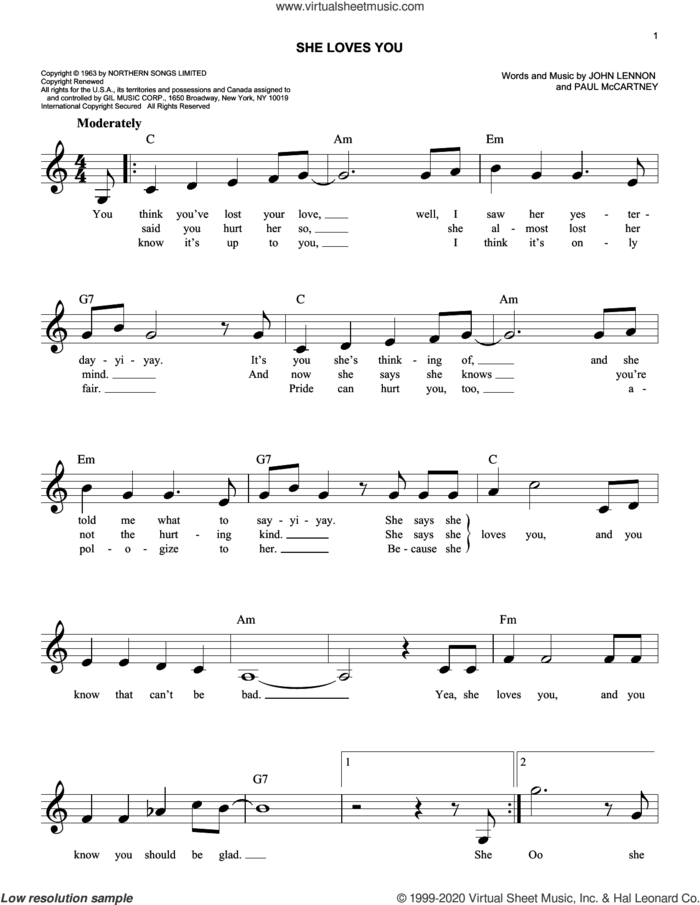 She Loves You sheet music for voice and other instruments (fake book) by The Beatles, John Lennon and Paul McCartney, easy skill level