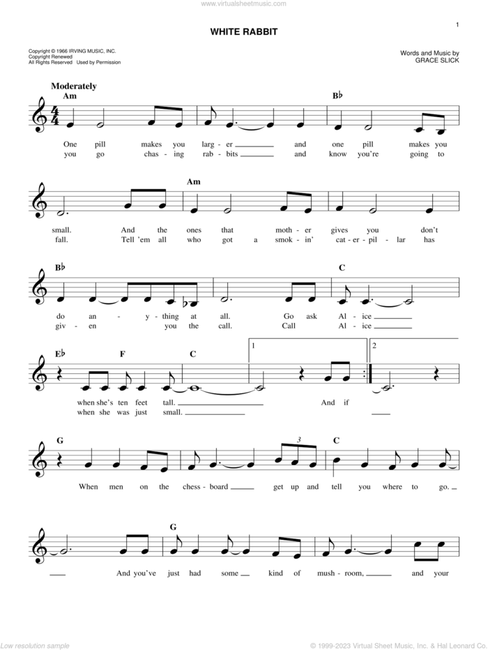 White Rabbit sheet music for voice and other instruments (fake book) by Jefferson Airplane and Grace Slick, easy skill level