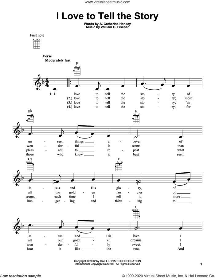 I Love To Tell The Story sheet music for ukulele by William G. Fischer, A. Catherine Hankey and A. Catherine Hankey and William G. Fischer, intermediate skill level