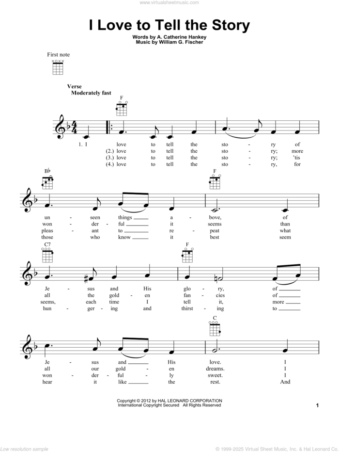 I Love To Tell The Story sheet music for ukulele by William G. Fischer, A. Catherine Hankey and A. Catherine Hankey and William G. Fischer, intermediate skill level