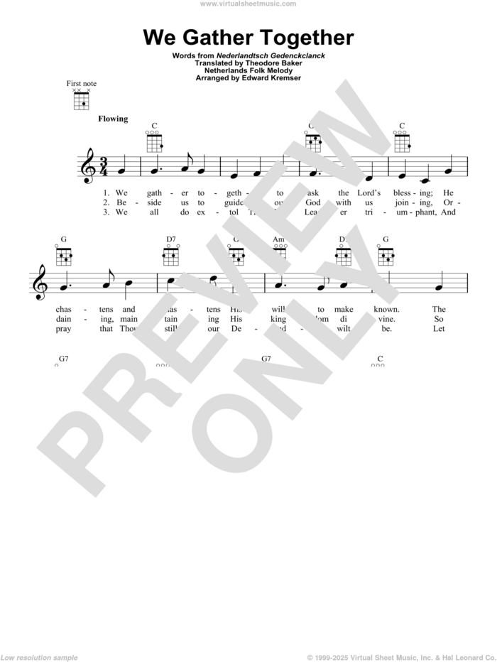 We Gather Together (arr. Eduard Kremser) sheet music for ukulele by Nederlandtsch Gedenckclanck, Eduard Kremser, Theodore Baker and Miscellaneous, classical score, intermediate skill level