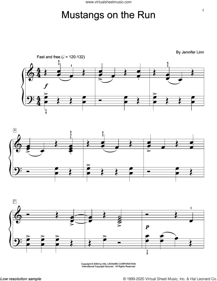Mustangs On The Run sheet music for piano solo (elementary) by Jennifer Linn, beginner piano (elementary)