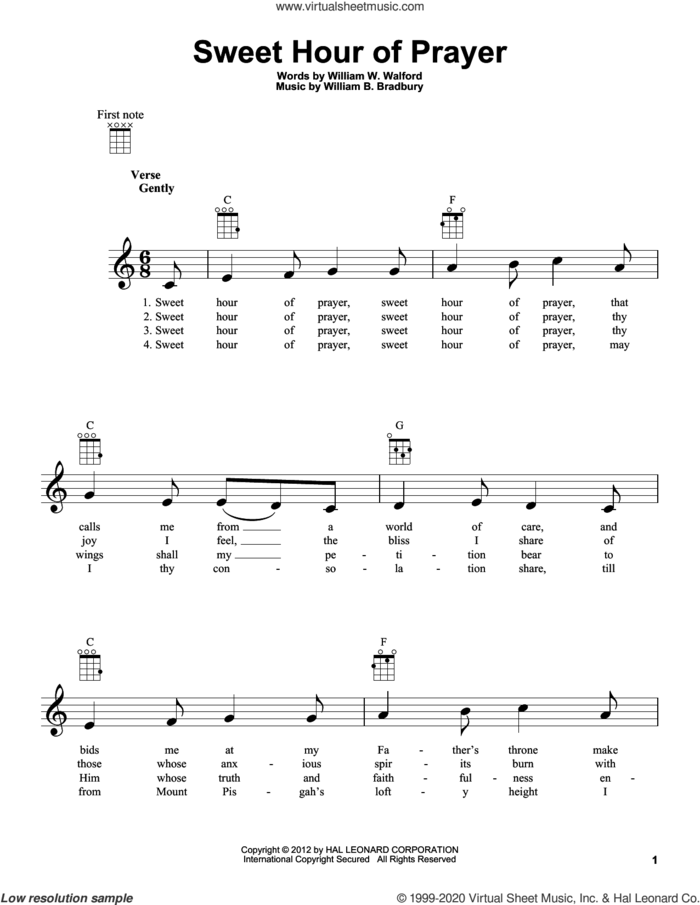 Sweet Hour Of Prayer sheet music for ukulele by William B. Bradbury, William W. Walford and William W. Walford and William B. Bradbury, intermediate skill level
