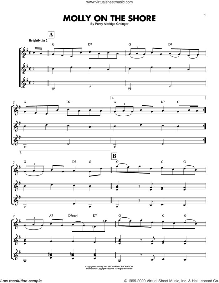 Molly On The Shore sheet music for guitar ensemble by Percy Aldridge Grainger, classical score, intermediate skill level