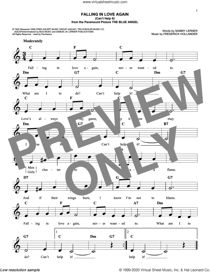 Falling In Love Again (Can't Help It) sheet music for voice and other instruments (fake book) by Marlene Dietrich, Linda Ronstadt, Frederick Hollander and Sammy Lerner, easy skill level
