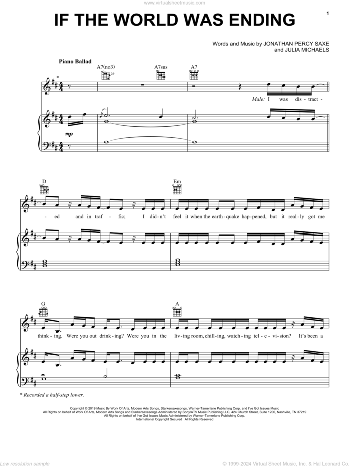 If The World Was Ending (feat. Julia Michaels) sheet music for voice, piano or guitar by JP Saxe, Jonathan Percy Saxe and Julia Michaels, intermediate skill level