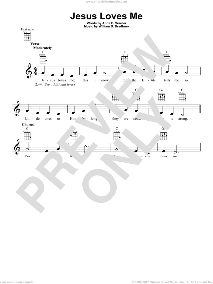 Jesus Loves Me sheet music for ukulele by William B. Bradbury, Anna B. Warner and Anna B. Warner and William B. Bradbury, intermediate skill level