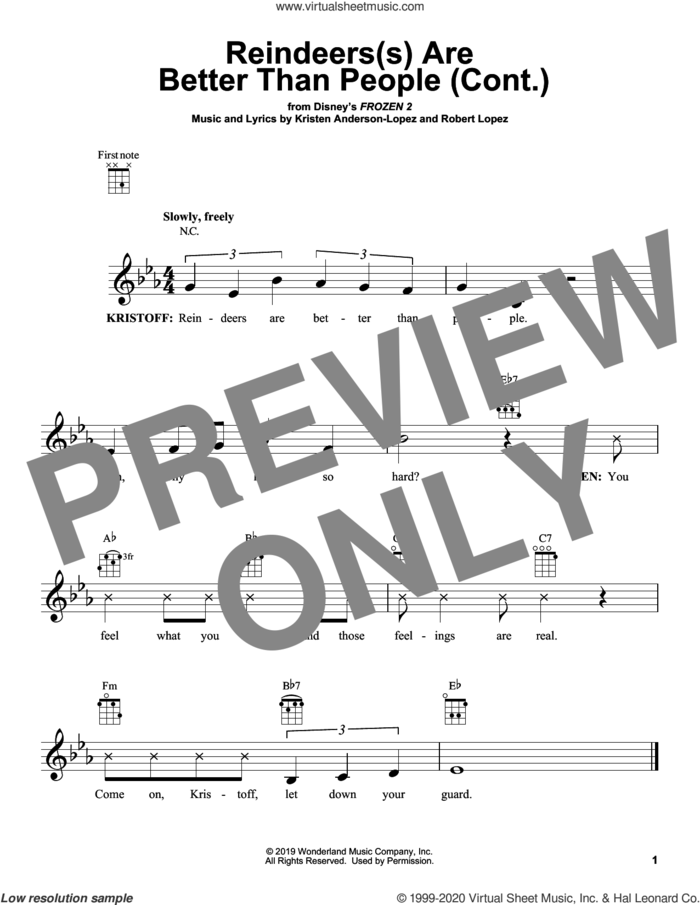 Reindeer(s) Are Better Than People (Cont.) (from Disney's Frozen 2) sheet music for ukulele by Jonathan Groff, Kristen Anderson-Lopez and Robert Lopez, intermediate skill level