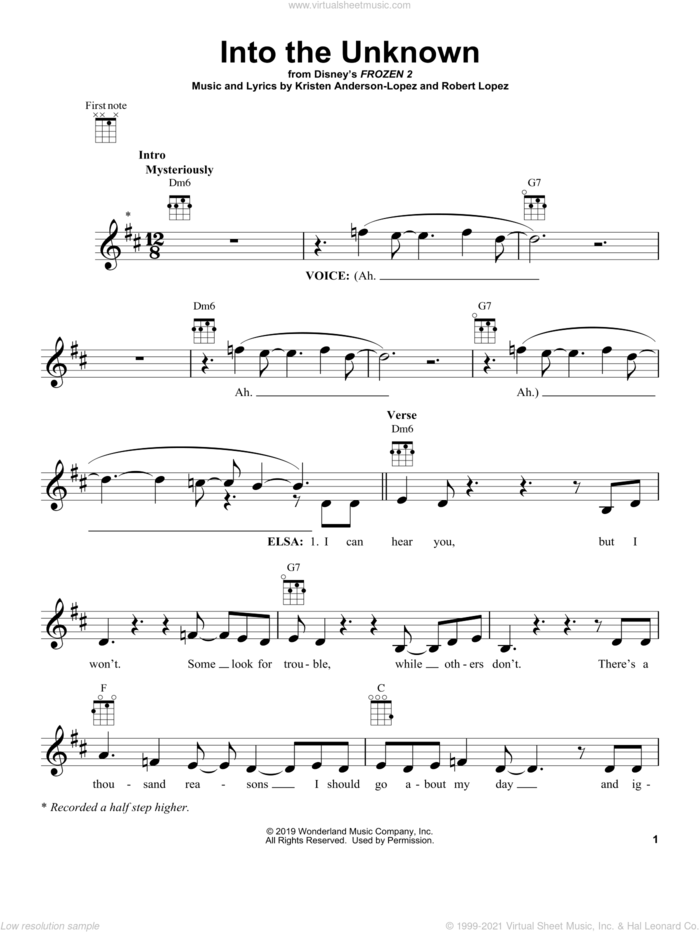 Into The Unknown (from Disney's Frozen 2) sheet music for ukulele by Idina Menzel and AURORA, Kristen Anderson-Lopez and Robert Lopez, intermediate skill level