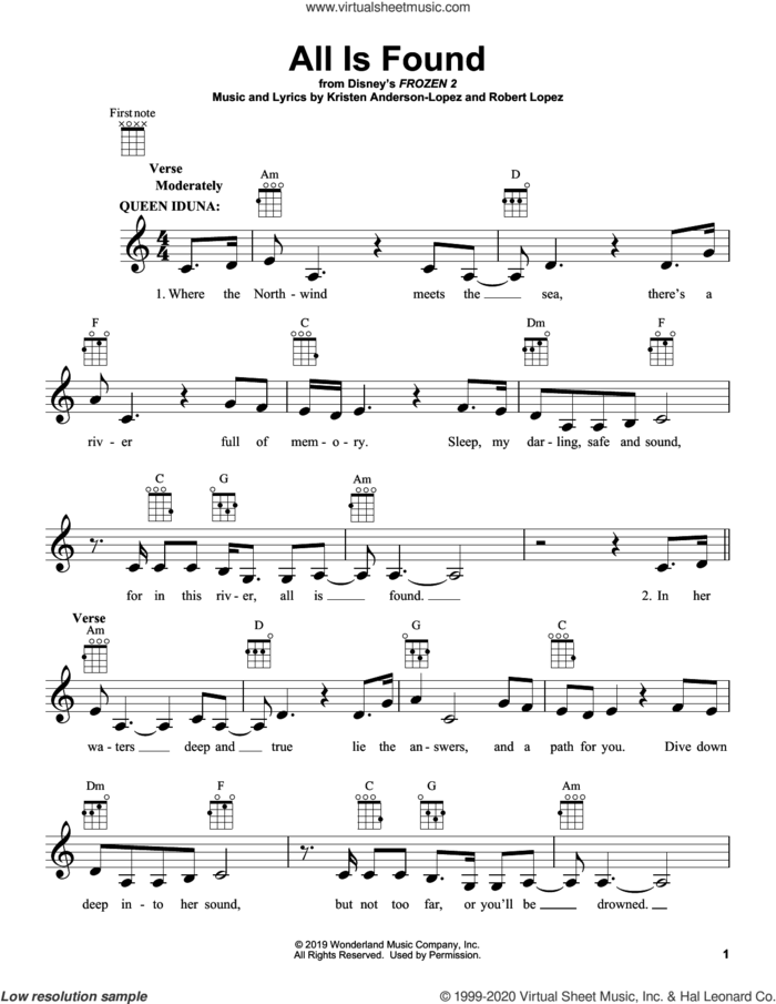 All Is Found (from Disney's Frozen 2) sheet music for ukulele by Evan Rachel Wood, Kristen Anderson-Lopez and Robert Lopez, intermediate skill level