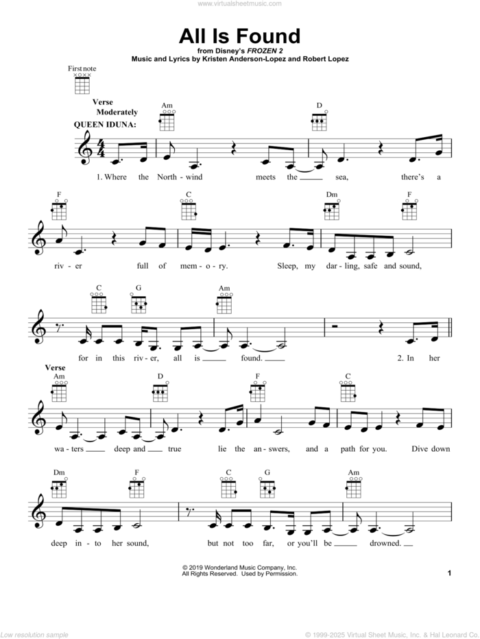 All Is Found (from Disney's Frozen 2) sheet music for ukulele by Evan Rachel Wood, Kristen Anderson-Lopez and Robert Lopez, intermediate skill level