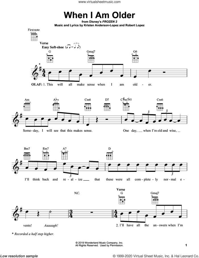 When I Am Older (from Disney's Frozen 2) sheet music for ukulele by Josh Gad, Kristen Anderson-Lopez and Robert Lopez, intermediate skill level