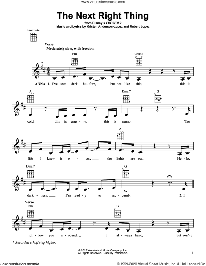 The Next Right Thing (from Disney's Frozen 2) sheet music for ukulele by Kristen Bell, Kristen Anderson-Lopez and Robert Lopez, intermediate skill level