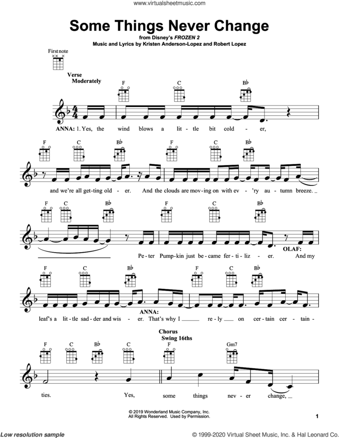 Some Things Never Change (from Disney's Frozen 2) sheet music for ukulele by Kristen Bell, Idina Menzel and Cast of Frozen 2, Kristen Anderson-Lopez and Robert Lopez, intermediate skill level