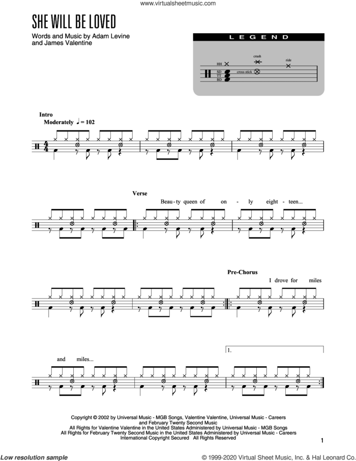 She Will Be Loved (arr. Kennan Wylie) sheet music for drums (percussions) by Maroon 5, Kennan Wylie, Adam Levine and James Valentine, intermediate skill level