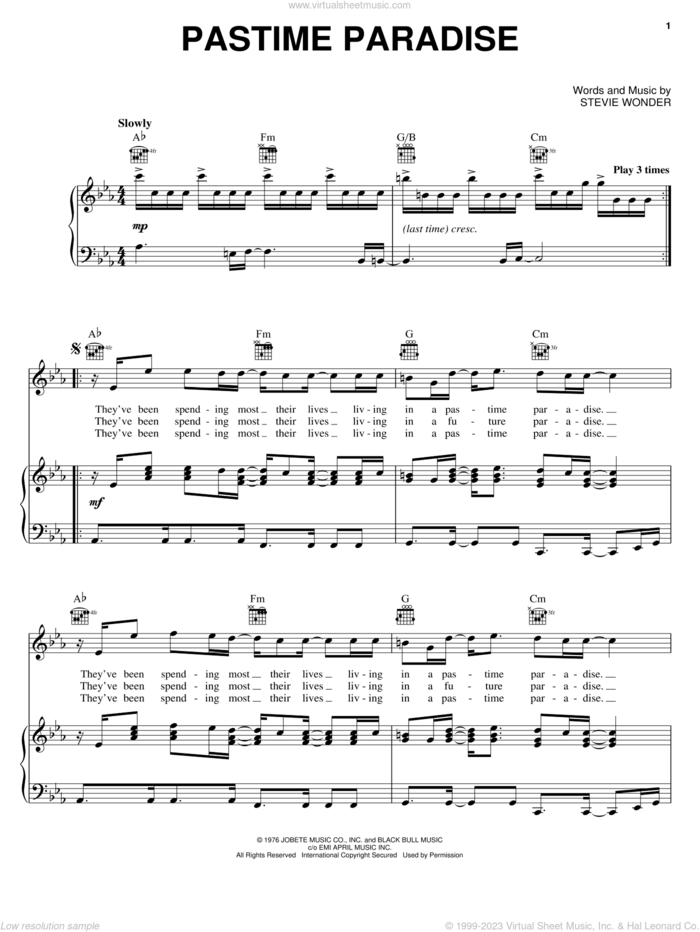 Pastime Paradise sheet music for voice, piano or guitar by Stevie Wonder, intermediate skill level