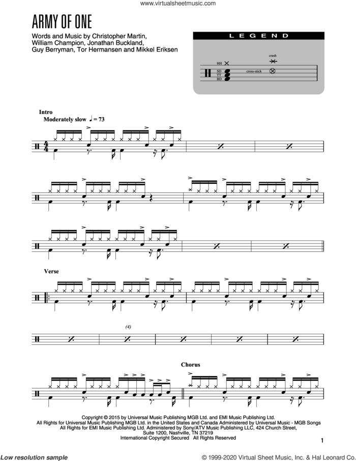 Army Of One (arr. Kennan Wylie) sheet music for drums (percussions) by Coldplay, Kennan Wylie, Christopher Martin, Guy Berryman, Jonathan Buckland, Mikkel Eriksen, Tor Erik Hermansen and William Champion, intermediate skill level