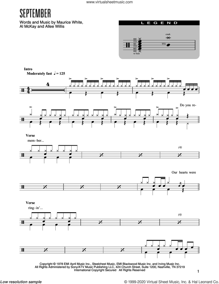 September (arr. Kennan Wylie) sheet music for drums (percussions) by Earth, Wind & Fire, Kennan Wylie, Al McKay, Allee Willis and Maurice White, intermediate skill level