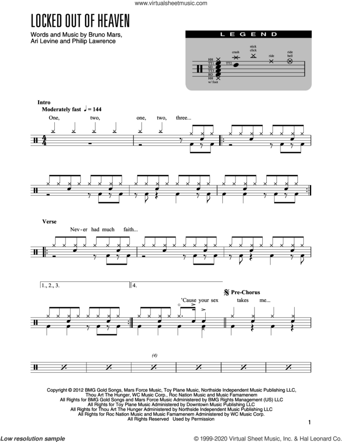 Locked Out Of Heaven (arr. Kennan Wylie) sheet music for drums (percussions) by Bruno Mars, Kennan Wylie, Ari Levine and Philip Lawrence, intermediate skill level