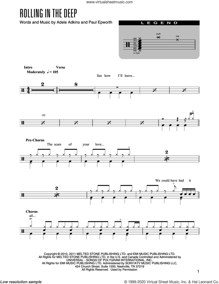 Rolling In The Deep (arr. Kennan Wylie) sheet music for drums (percussions) by Adele, Kennan Wylie, Adele Adkins and Paul Epworth, intermediate skill level