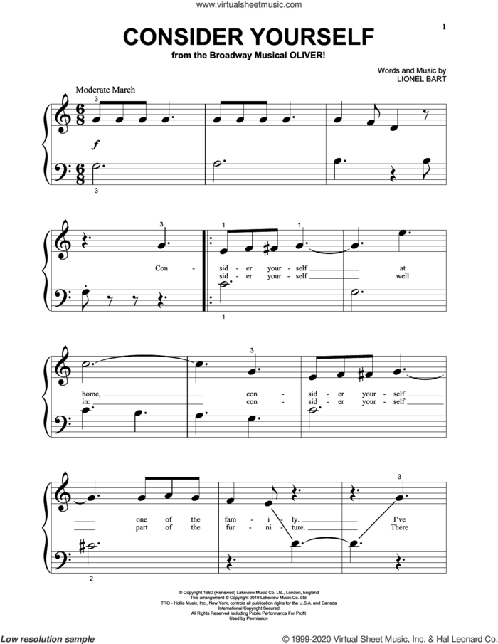 Consider Yourself (from Oliver!) sheet music for piano solo by Lionel Bart, beginner skill level