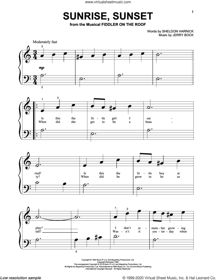 Sunrise, Sunset (from Fiddler On The Roof) sheet music for piano solo by Jerry Bock, Bock & Harnick and Sheldon Harnick, wedding score, beginner skill level