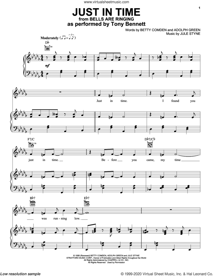 Just In Time sheet music for voice, piano or guitar by Tony Bennett, Adolph Green, Betty Comden and Jule Styne, intermediate skill level