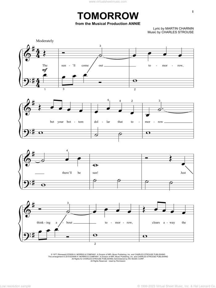 Tomorrow (from Annie) sheet music for piano solo by Charles Strouse and Martin Charnin, beginner skill level