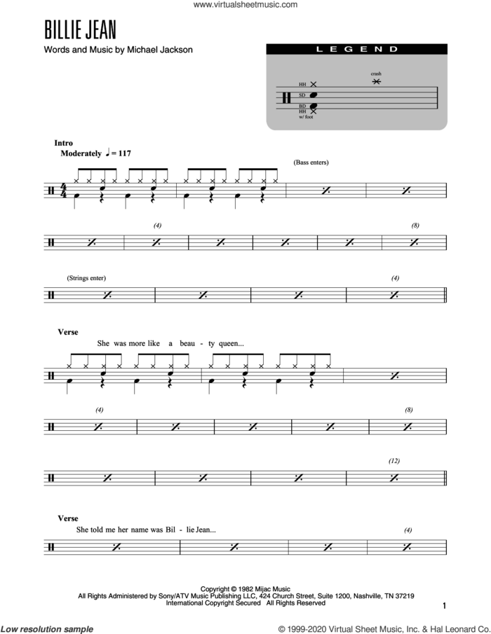 Billie Jean (arr. Kennan Wylie) sheet music for drums (percussions) by Michael Jackson and Kennan Wylie, intermediate skill level