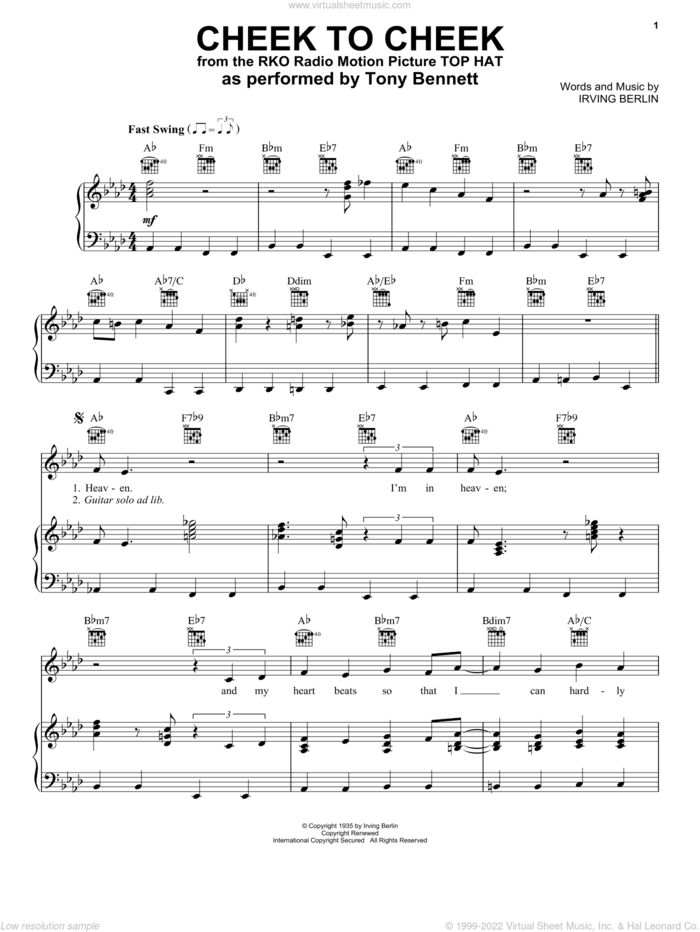 Cheek To Cheek sheet music for voice, piano or guitar by Tony Bennett & George Benson and Irving Berlin, intermediate skill level
