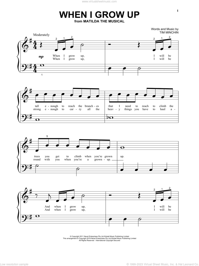 When I Grow Up (from Matilda The Musical) sheet music for piano solo by Tim Minchin, beginner skill level