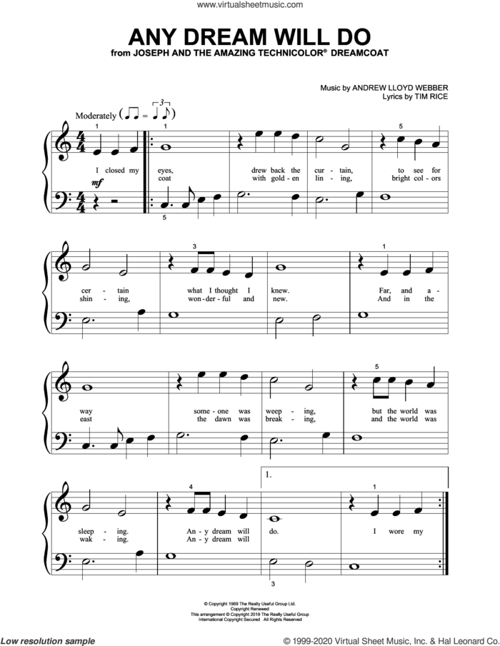 Any Dream Will Do (from Joseph And The Amazing Technicolor Dreamcoat) sheet music for piano solo by Andrew Lloyd Webber, Andrew Lloyd Webber & Tim Rice and Tim Rice, beginner skill level