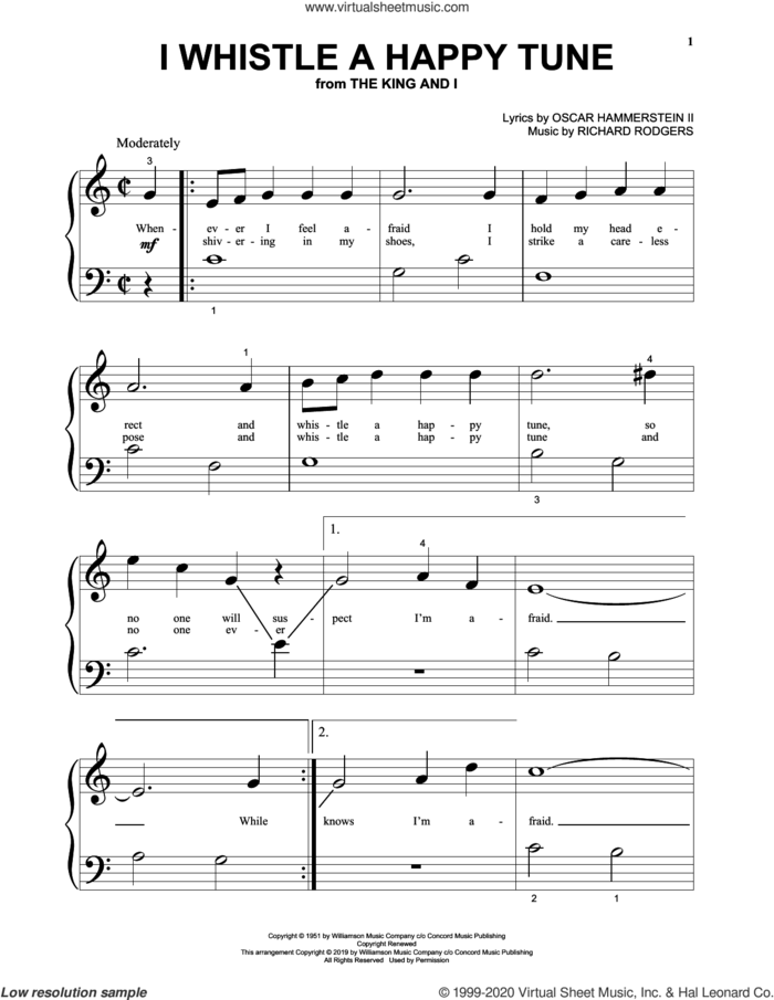 I Whistle A Happy Tune (from The King And I) sheet music for piano solo by Richard Rodgers, Oscar II Hammerstein and Rodgers & Hammerstein, beginner skill level