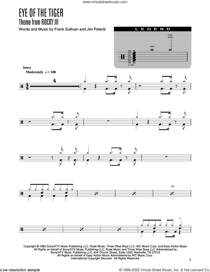 Eye Of The Tiger (arr. Kennan Wylie) sheet music for drums (percussions) by Survivor, Kennan Wylie, Frank Sullivan and Jim Peterik, intermediate skill level