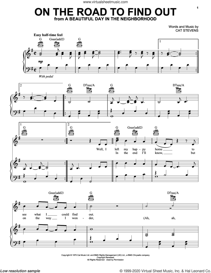 On The Road To Find Out (from A Beautiful Day in the Neighborhood) sheet music for voice, piano or guitar by Cat Stevens, intermediate skill level