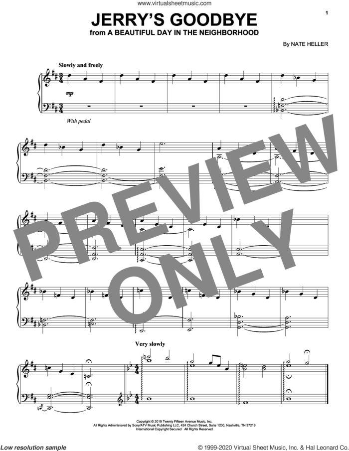 Jerry's Goodbye (from A Beautiful Day in the Neighborhood) sheet music for piano solo by Nate Heller, intermediate skill level