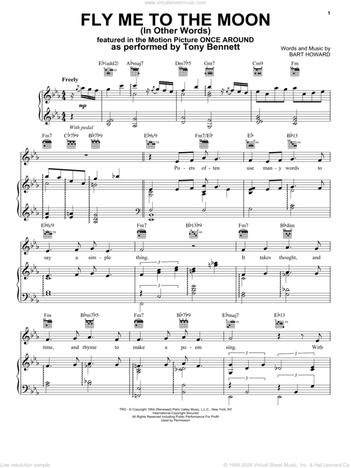 Fly Me To The Moon (In Other Words) sheet music for voice, piano or guitar by Tony Bennett and Bart Howard, wedding score, intermediate skill level
