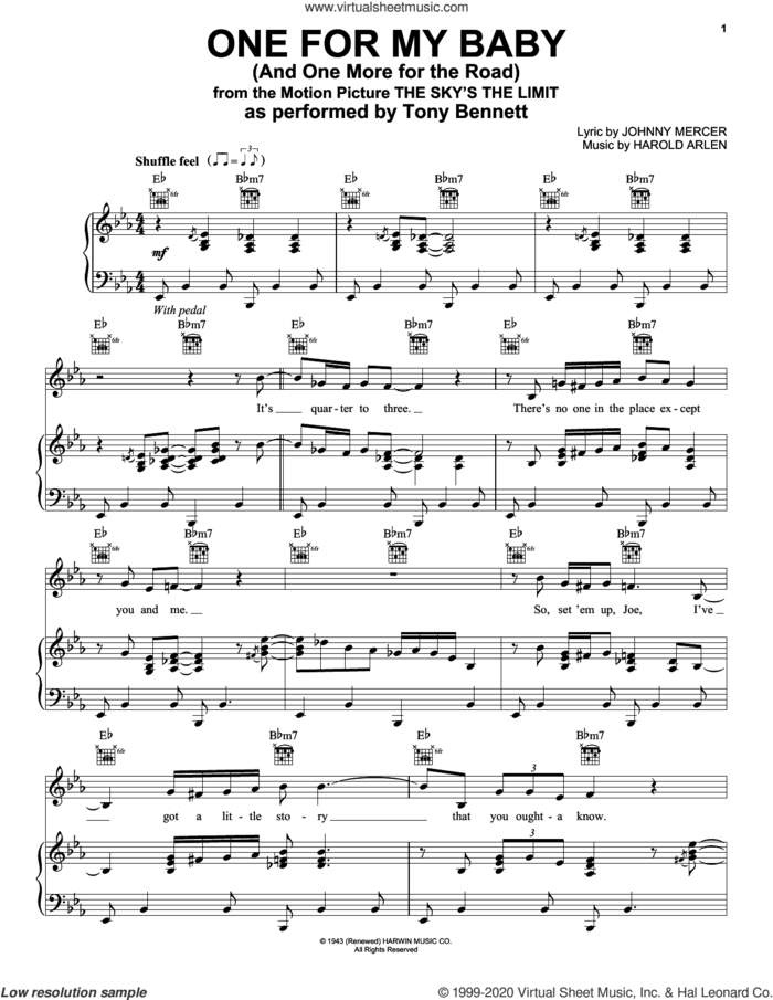 One For My Baby (And One More For The Road) sheet music for voice, piano or guitar by Tony Bennett, Frank Sinatra, Harold Arlen and Johnny Mercer, intermediate skill level