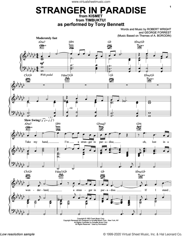 Stranger In Paradise sheet music for voice, piano or guitar by Tony Bennett, George Forrest and Robert Wright, intermediate skill level