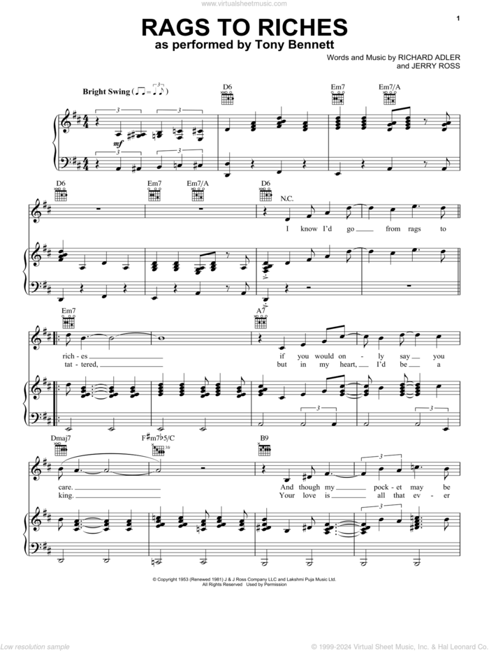 Rags To Riches sheet music for voice, piano or guitar by Tony Bennett, Jerry Ross and Richard Adler, intermediate skill level