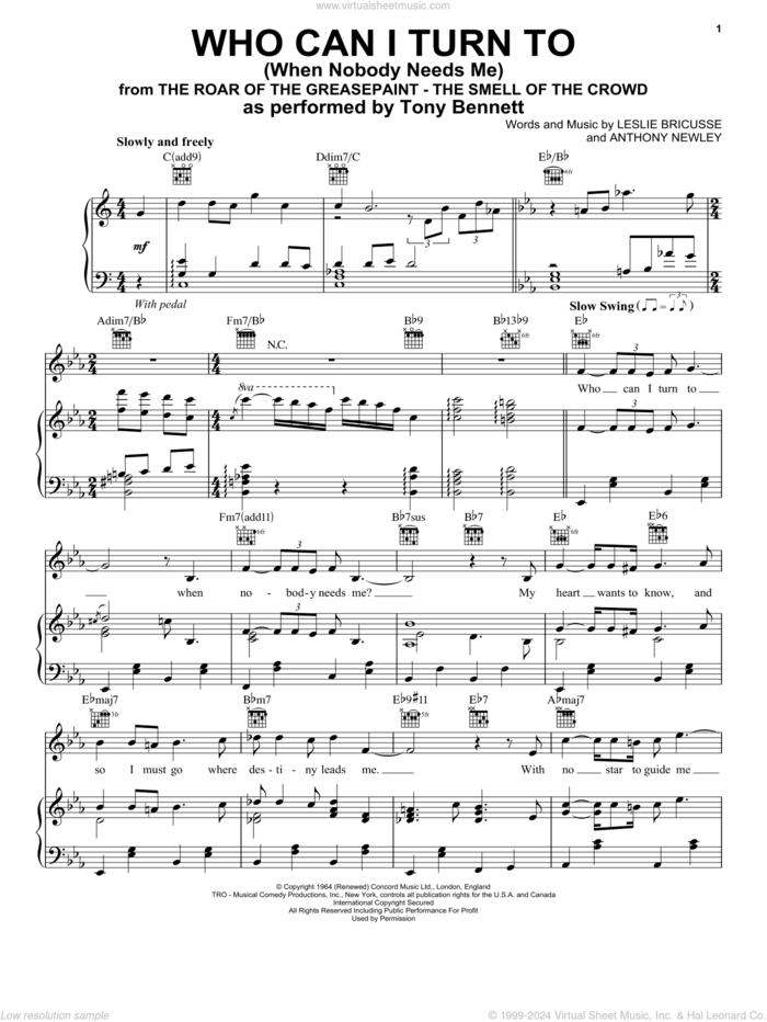 Who Can I Turn To (When Nobody Needs Me) sheet music for voice, piano or guitar by Tony Bennett, Anthony Newley and Leslie Bricusse, intermediate skill level