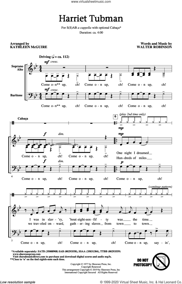 Harriet Tubman (arr. Kathleen McGuire) sheet music for choir (SAB: soprano, alto, bass) by Walter Robinson and Kathleen McGuire, intermediate skill level