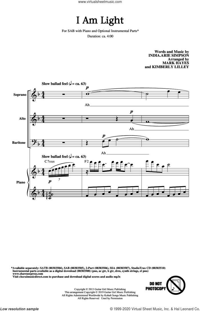 I Am Light (arr. Mark Hayes and Kimberly Lilley) sheet music for choir (SAB: soprano, alto, bass) by India Arie, Kimberly Lilley, Mark Hayes and India.Arie Simpson, intermediate skill level