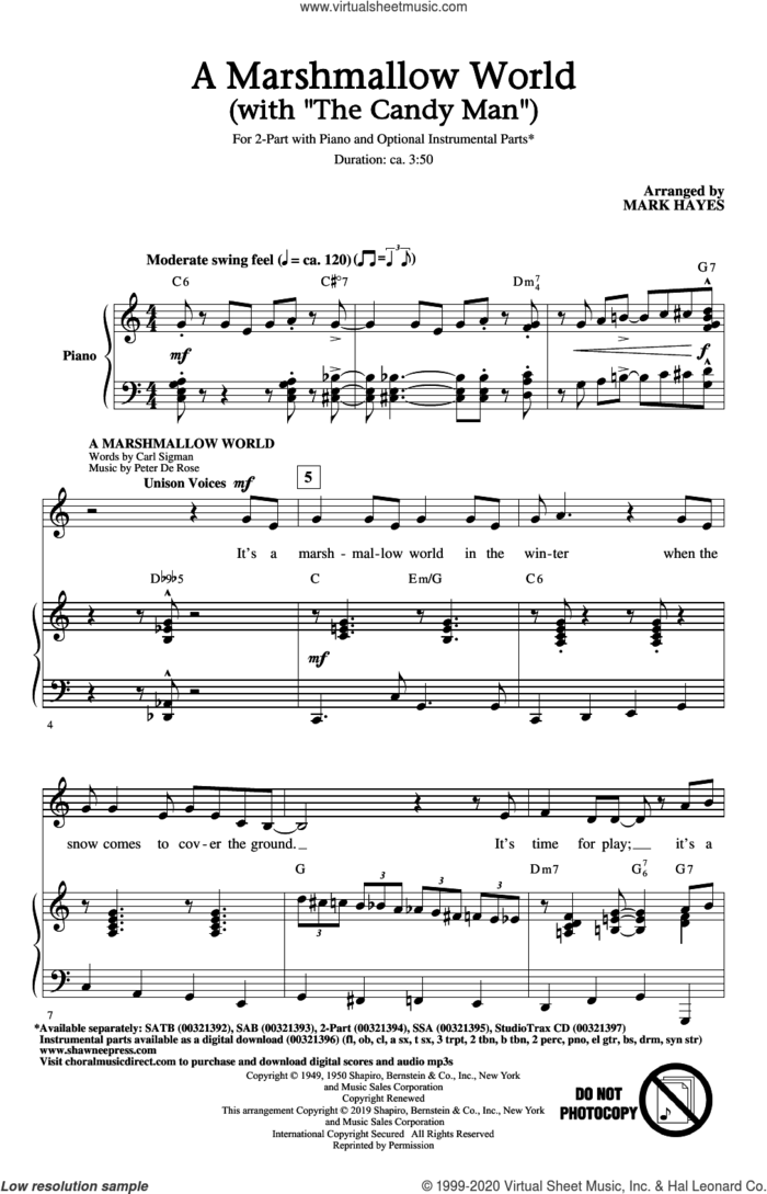 A Marshmallow World (with 'The Candy Man') sheet music for choir (2-Part) by Mark Hayes, intermediate duet