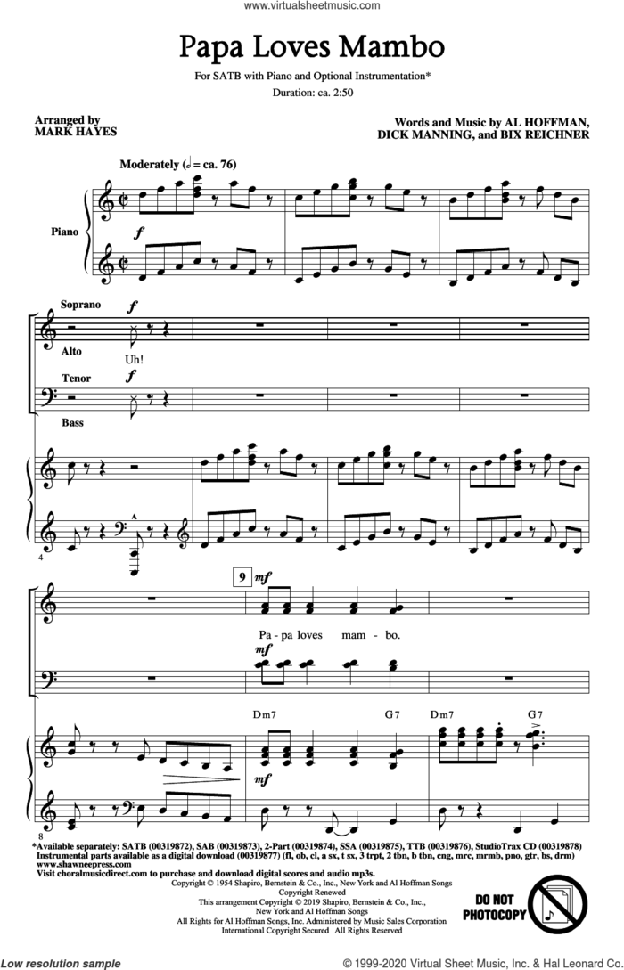 Papa Loves Mambo (arr. Mark Hayes) sheet music for choir (SATB: soprano, alto, tenor, bass) by Perry Como, Mark Hayes, Al Hoffman, Bix Reichner and Dick Manning, intermediate skill level