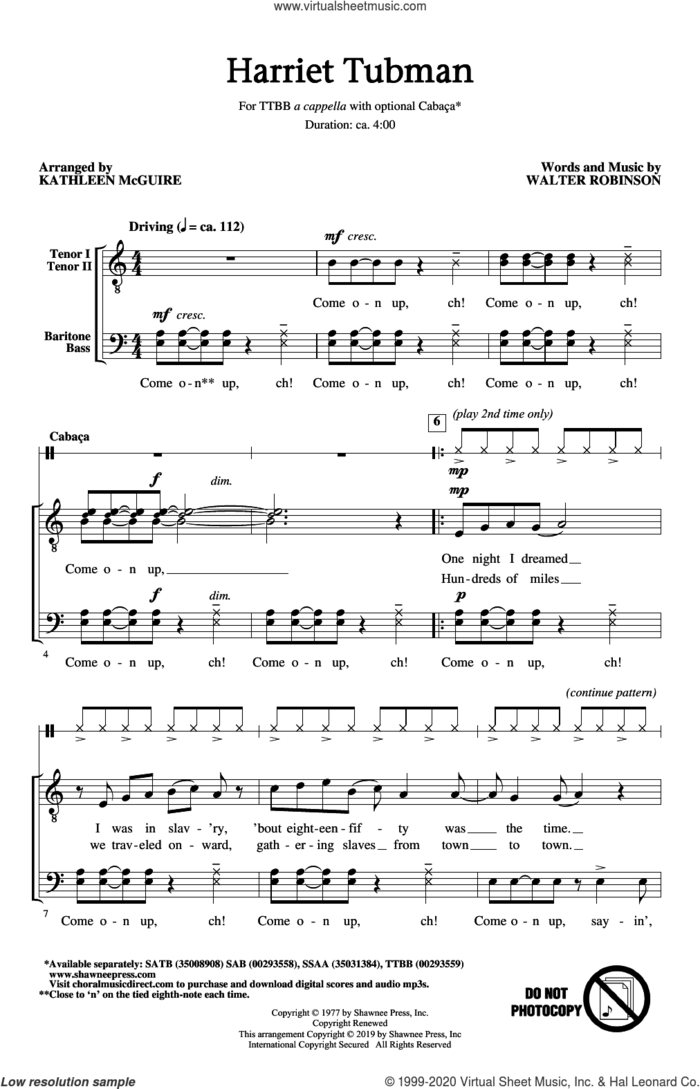 Harriet Tubman (arr. Kathleen McGuire) sheet music for choir (TTBB: tenor, bass) by Walter Robinson and Kathleen McGuire, intermediate skill level