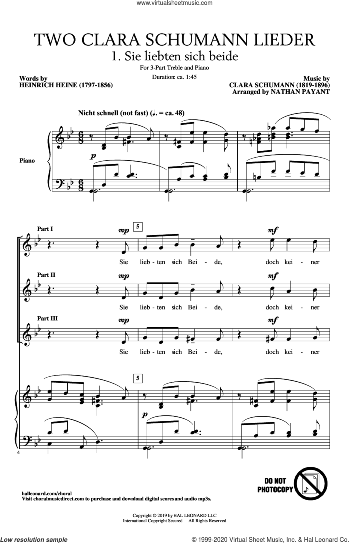 Two Clara Schumann Lieder (arr. Nathan Payant) sheet music for choir (SSA: soprano, alto) by Clara Schumann, Nathan Payant and Friedrich Ruckert, intermediate skill level