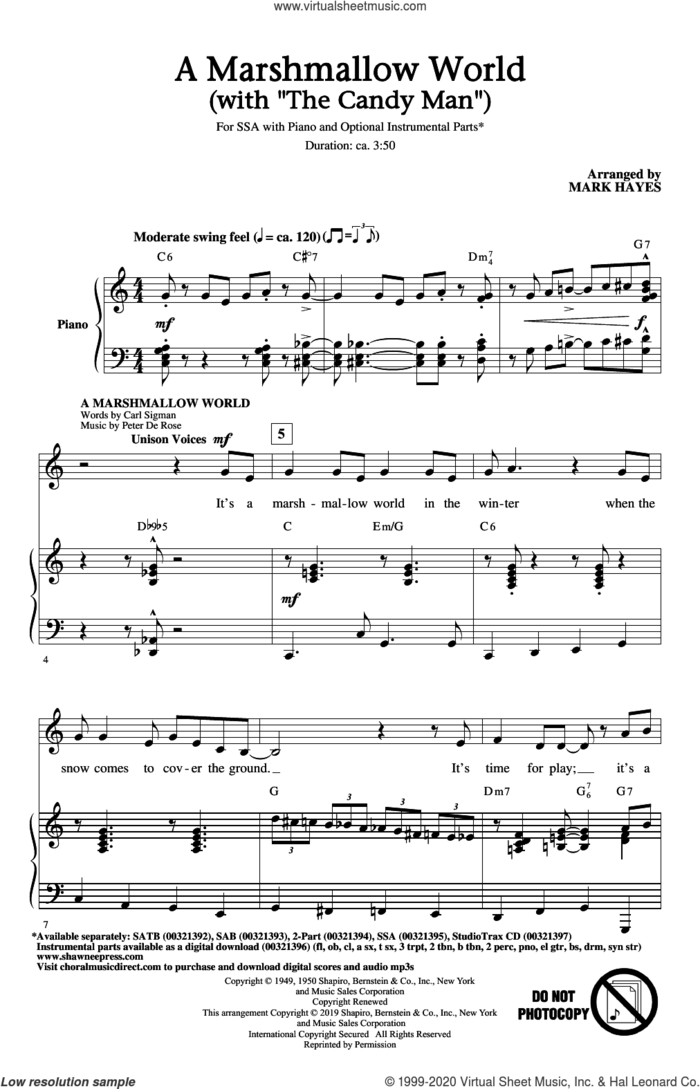 A Marshmallow World (with 'The Candy Man') sheet music for choir (SSA: soprano, alto) by Mark Hayes, intermediate skill level
