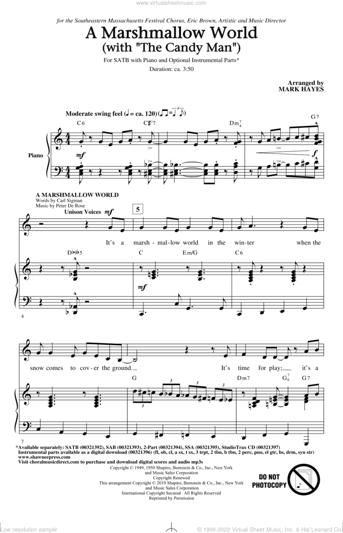 A Marshmallow World (with 'The Candy Man') sheet music for choir (SATB: soprano, alto, tenor, bass) by Mark Hayes, intermediate skill level