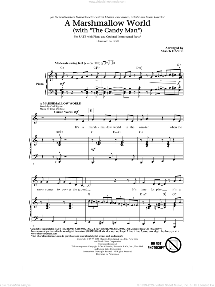 A Marshmallow World (with 'The Candy Man') sheet music for choir (SATB: soprano, alto, tenor, bass) by Mark Hayes, intermediate skill level